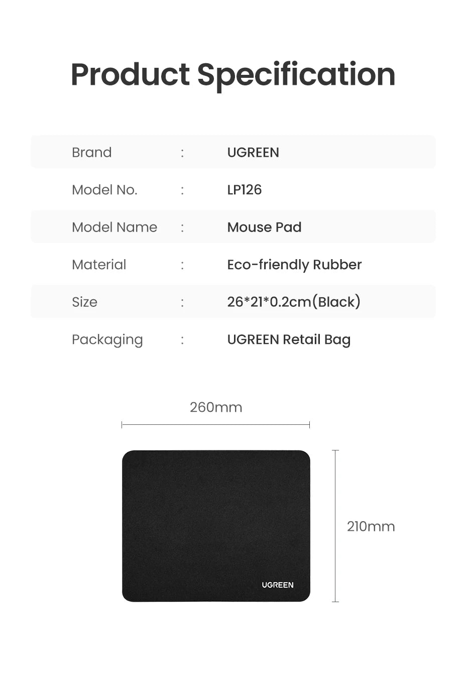 UGREEN Mouse Pad, Non-Slip, 26x21cm