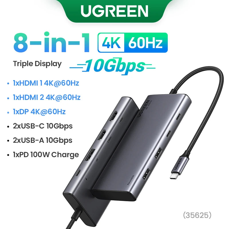 UGREEN Triple Display USB-C Hub, 8-in-1, 4K HDMI, 10Gbps