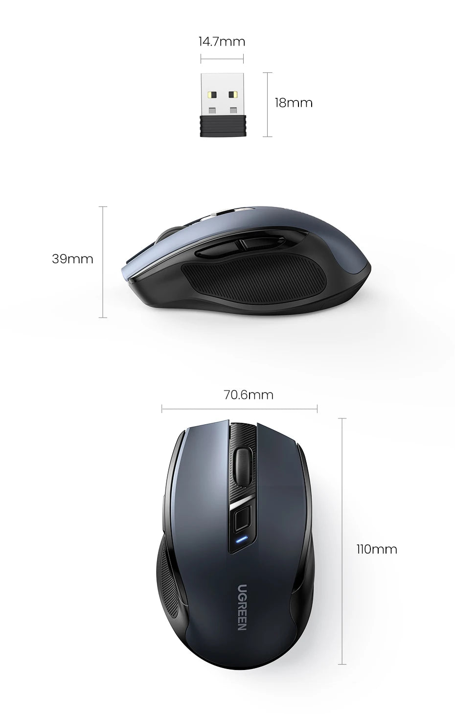 UGREEN Wireless Mouse, Bluetooth 5.0, 4000 DPI, Ergonomic