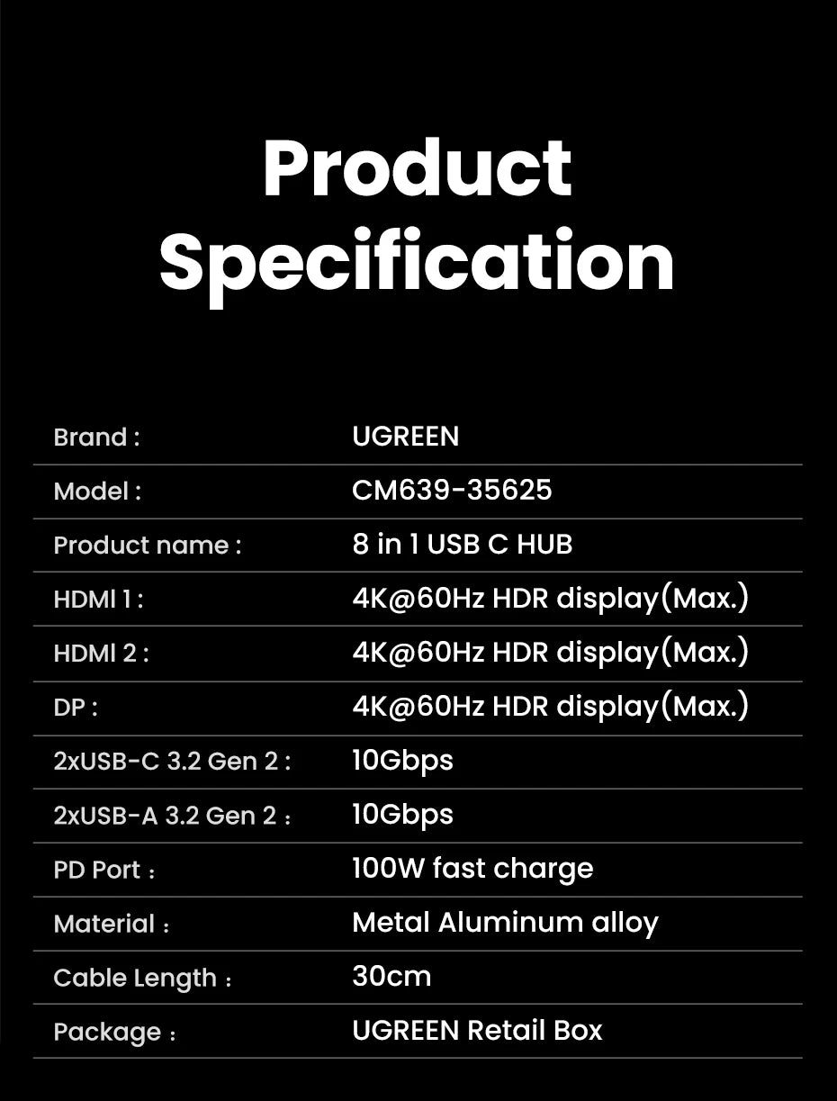 UGREEN Triple Display USB-C Hub, 8-in-1, 4K HDMI, 10Gbps