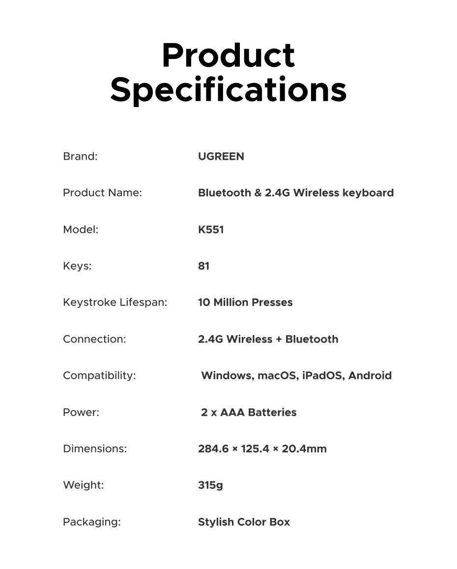 UGREEN Wireless Keyboard, Bluetooth 5.3 & 2.4G, 78-Key