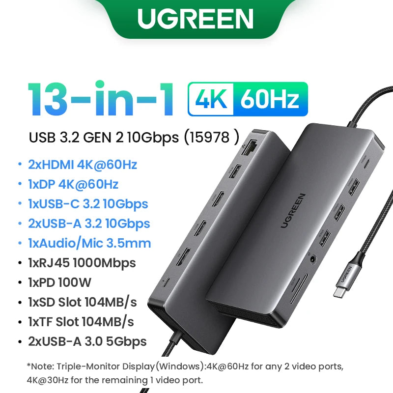 UGREEN Triple Display USB-C Hub, 8-in-1, 4K HDMI, 10Gbps