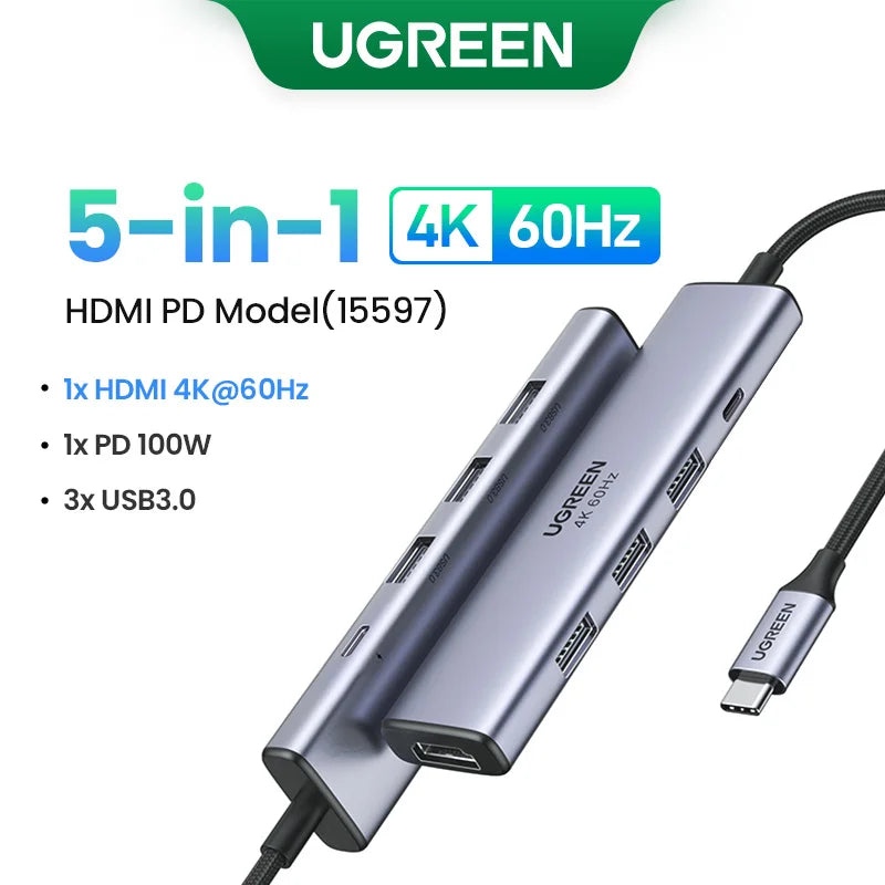 UGREEN 5-in-1 USB-C Hub, 4K HDMI, 100W PD