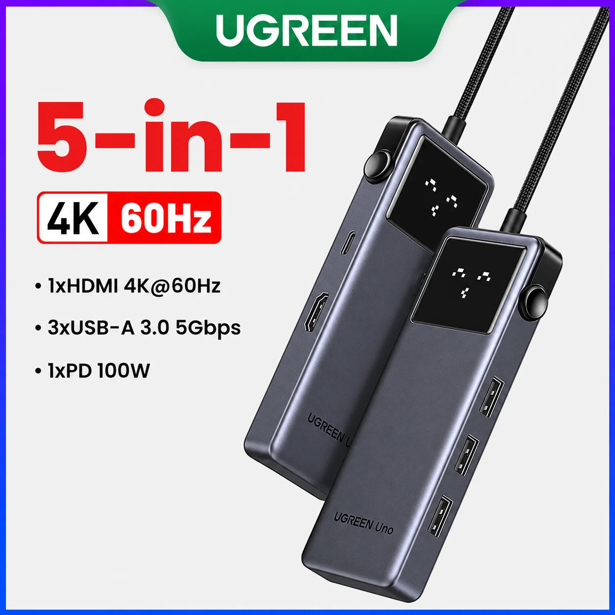 UGREEN Uno USB-C Hub, 6-in-1, 4K60Hz, 100W PD