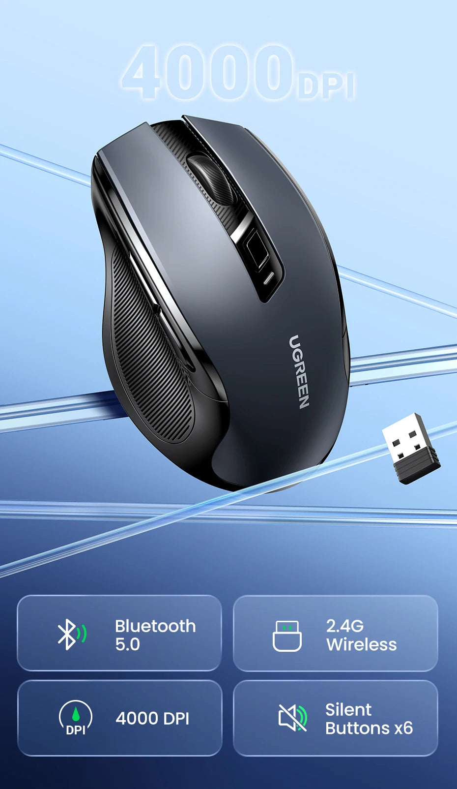 UGREEN Wireless Mouse, Bluetooth 5.0, 4000 DPI, Ergonomic