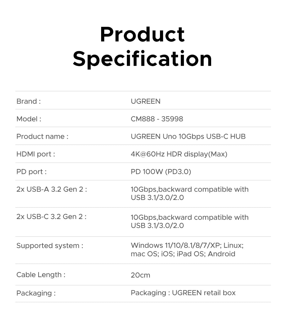 UGREEN Uno USB-C Hub, 6-in-1, 4K60Hz, 100W PD