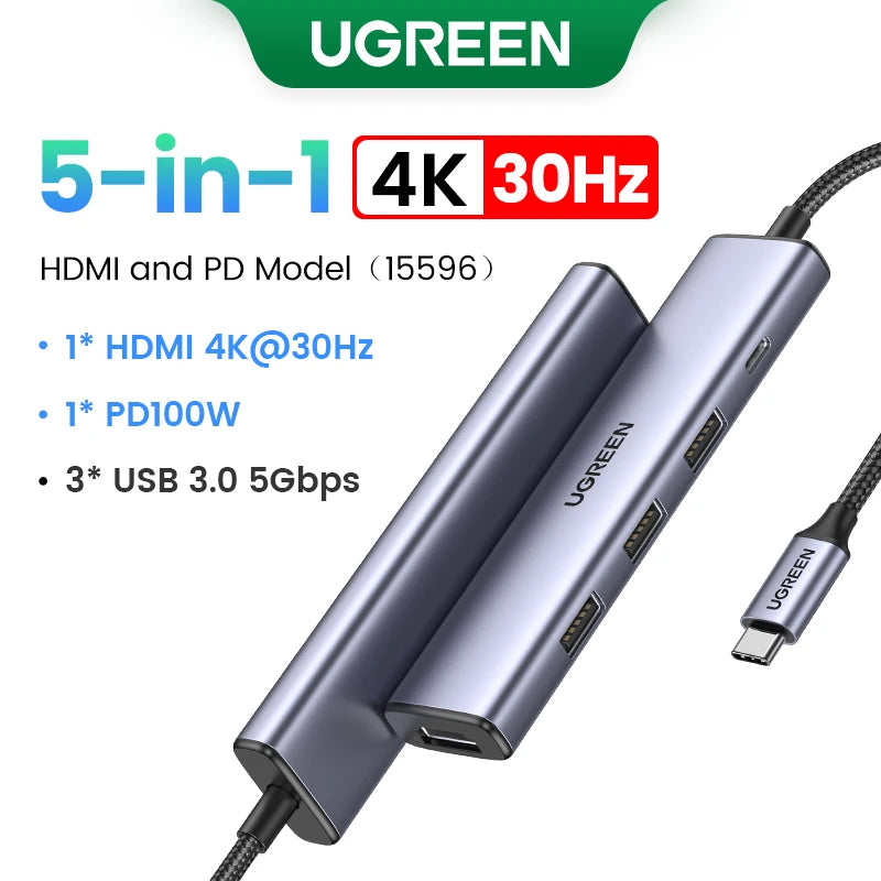 UGREEN 5-in-1 USB-C Hub, 4K HDMI, 100W PD