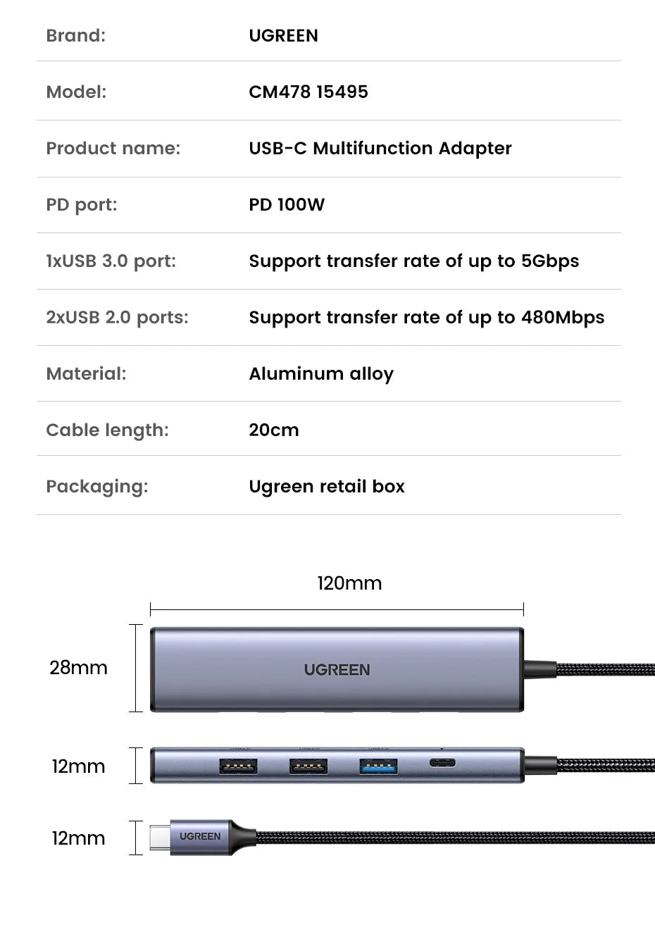 UGREEN 5-in-1 USB-C Hub, 4K HDMI, 100W PD