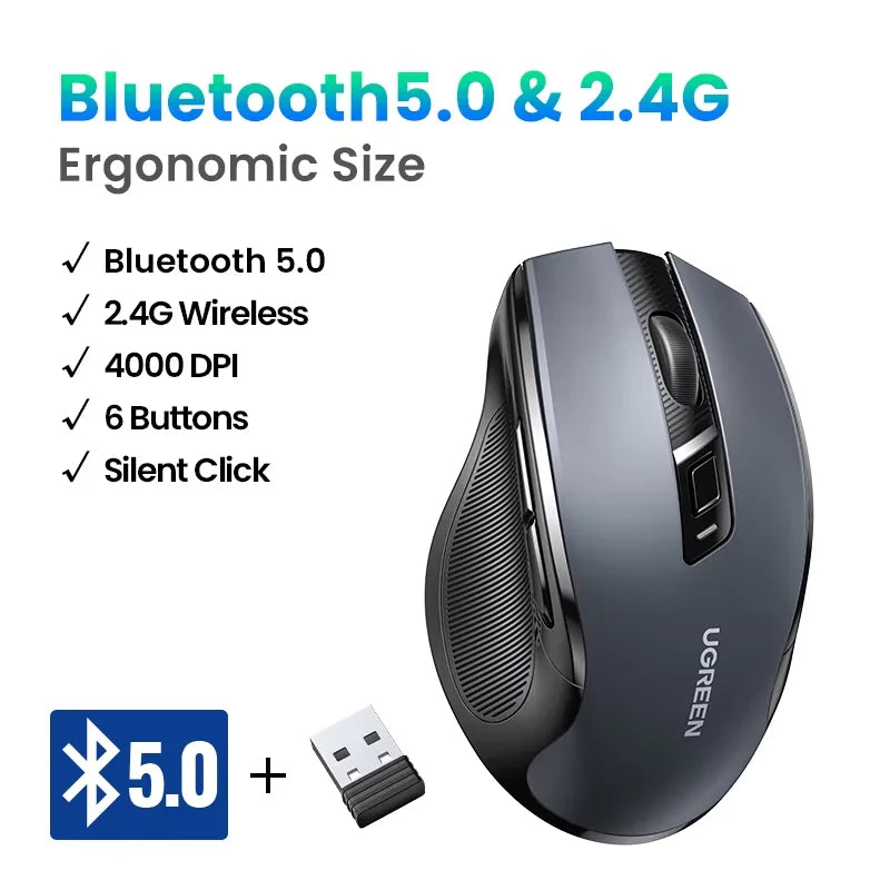 UGREEN Wireless Mouse, Bluetooth 5.0, 4000 DPI, Ergonomic