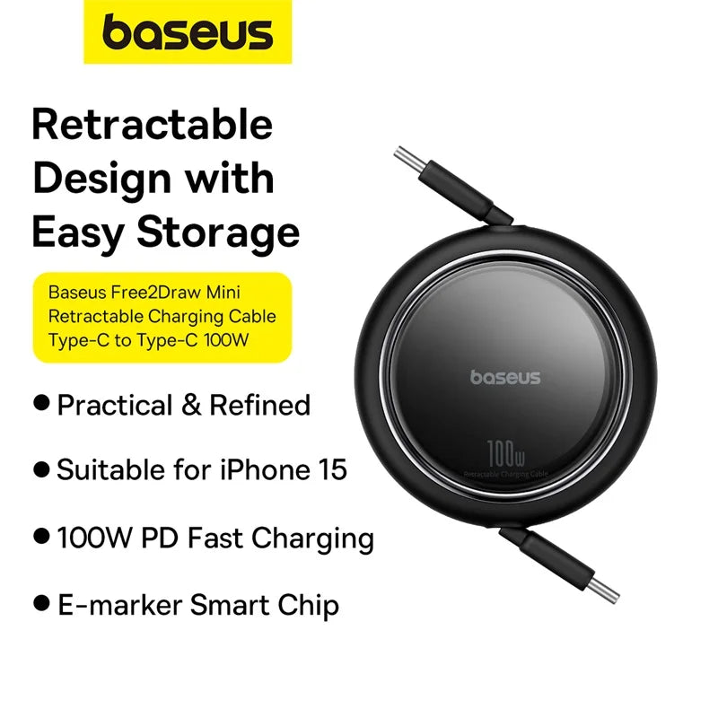 Baseus Retractable 100W USB-C to USB-C Fast Charging Cable, 1m (3.3ft)