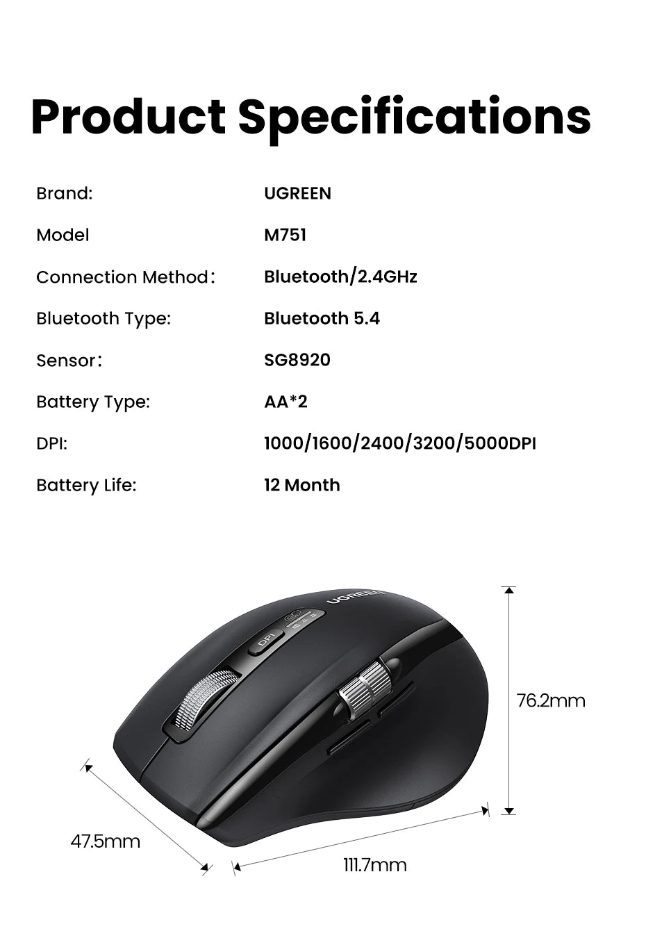 UGREEN Wireless Mouse, Hyper-Fast Scroll, 5000 DPI