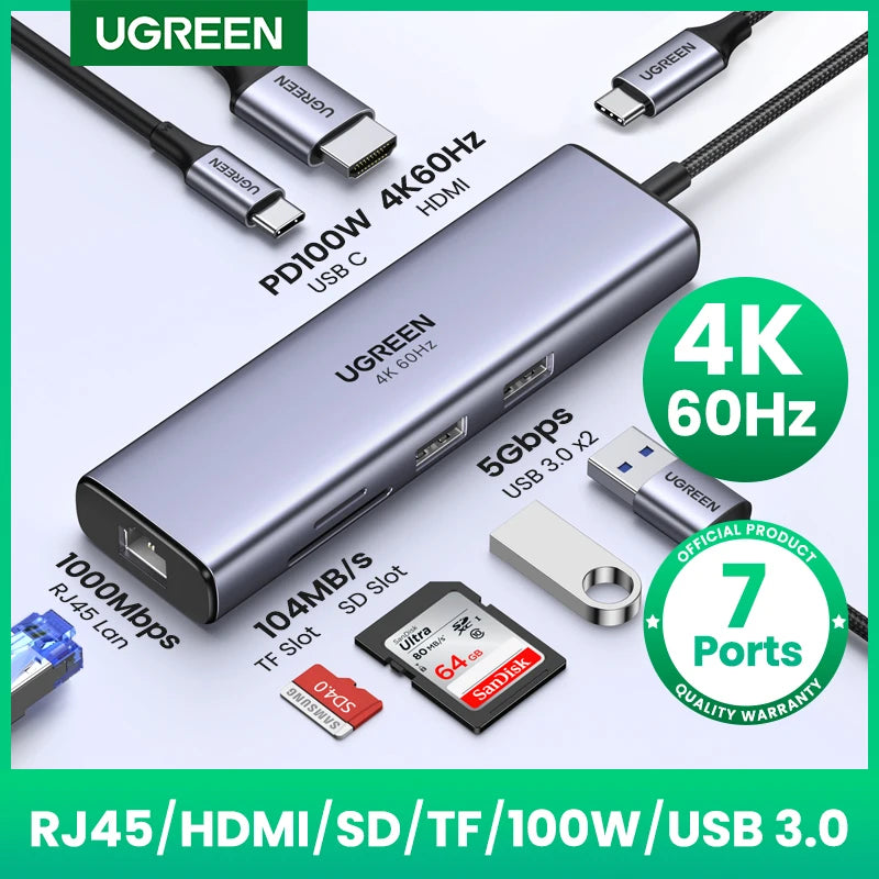 UGREEN 7-in-1 USB-C Hub, 4K60Hz HDMI, SD/TF Card Reader
