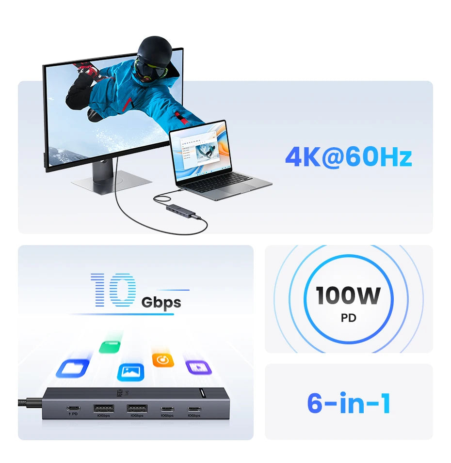 UGREEN USB-C Hub, 10Gbps, 4K60Hz HDMI, 100W PD