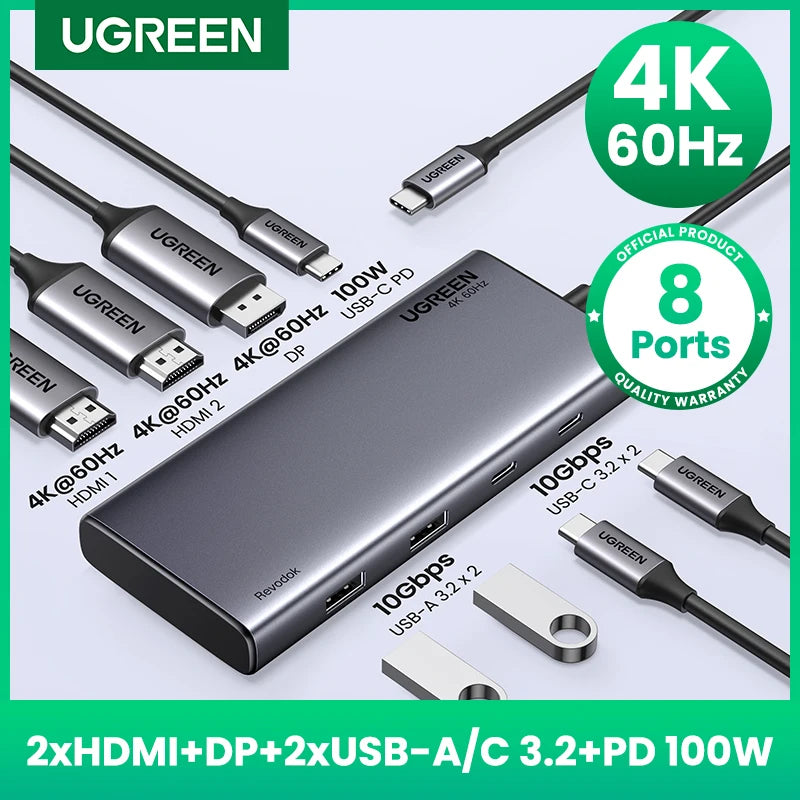 UGREEN Triple Display USB-C Hub, 8-in-1, 4K HDMI, 10Gbps